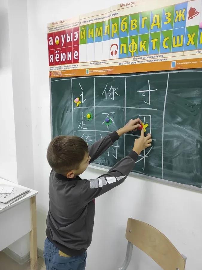 Ученик пишет китайские иероглифы в сетке на классной доске